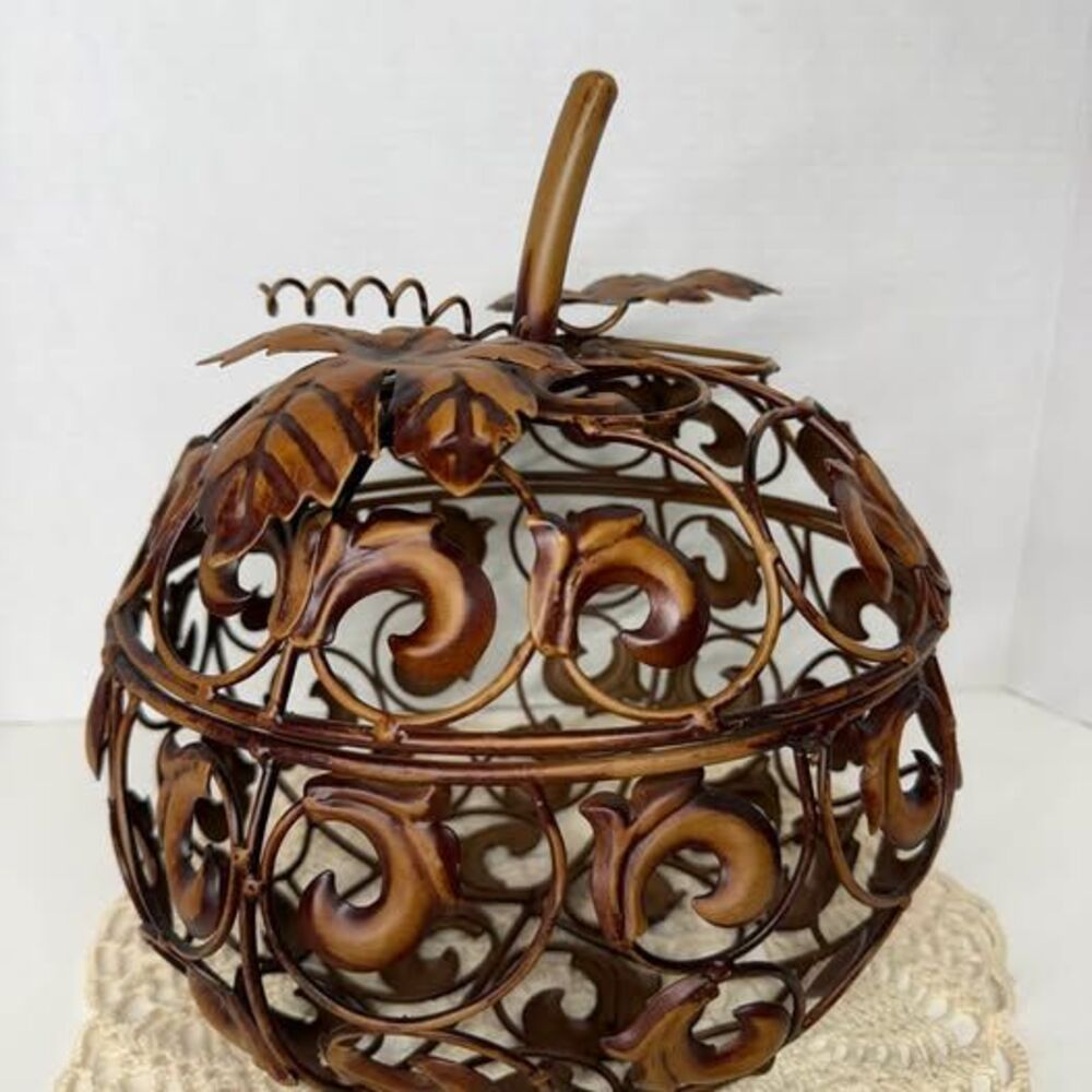 Decorative Metal Filigree Pumpkin with Hinged Lid
